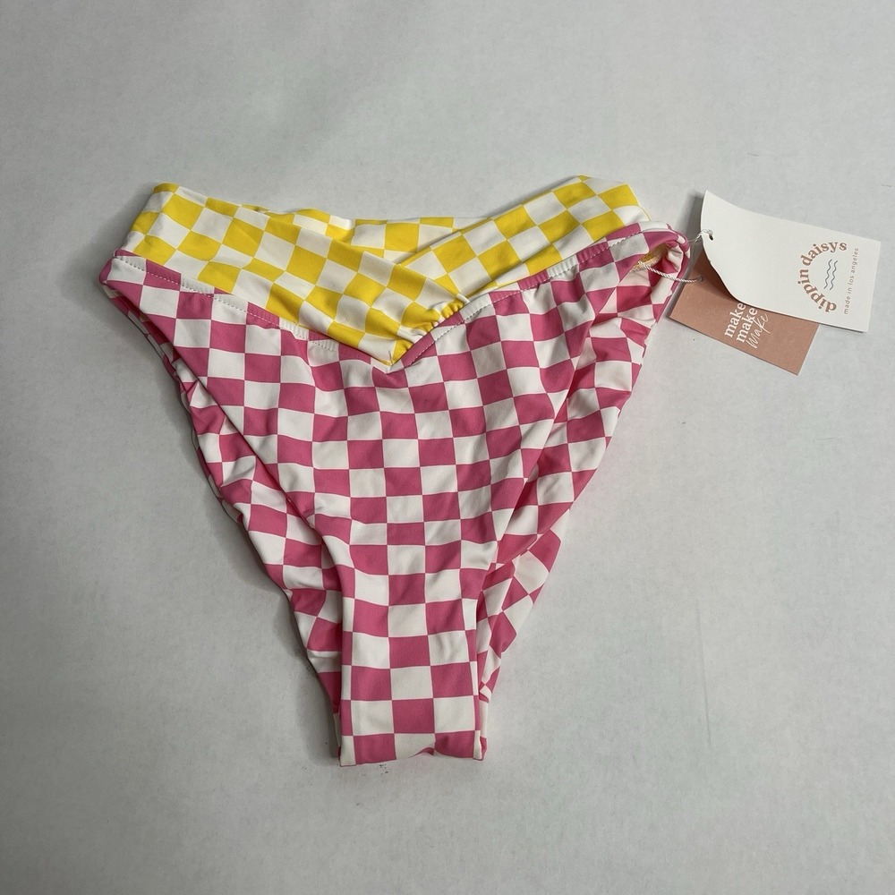 New Dippin Daisys XS Check Pink Yellow White Cheeky Bikini Bottoms NWT